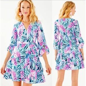 LILLY PULITZER Laeda Wrap Dress Floral Blue Pink Peplum NWOT Size XXS Tropical